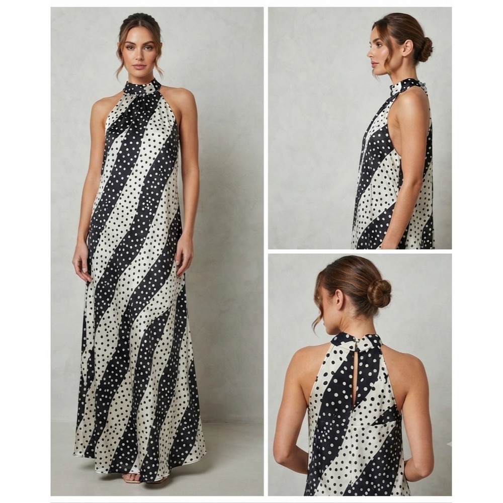 NWT Eloquii Maxi Dress Womens 14 Off-White Black Polka Dot Halter Neck Flowy